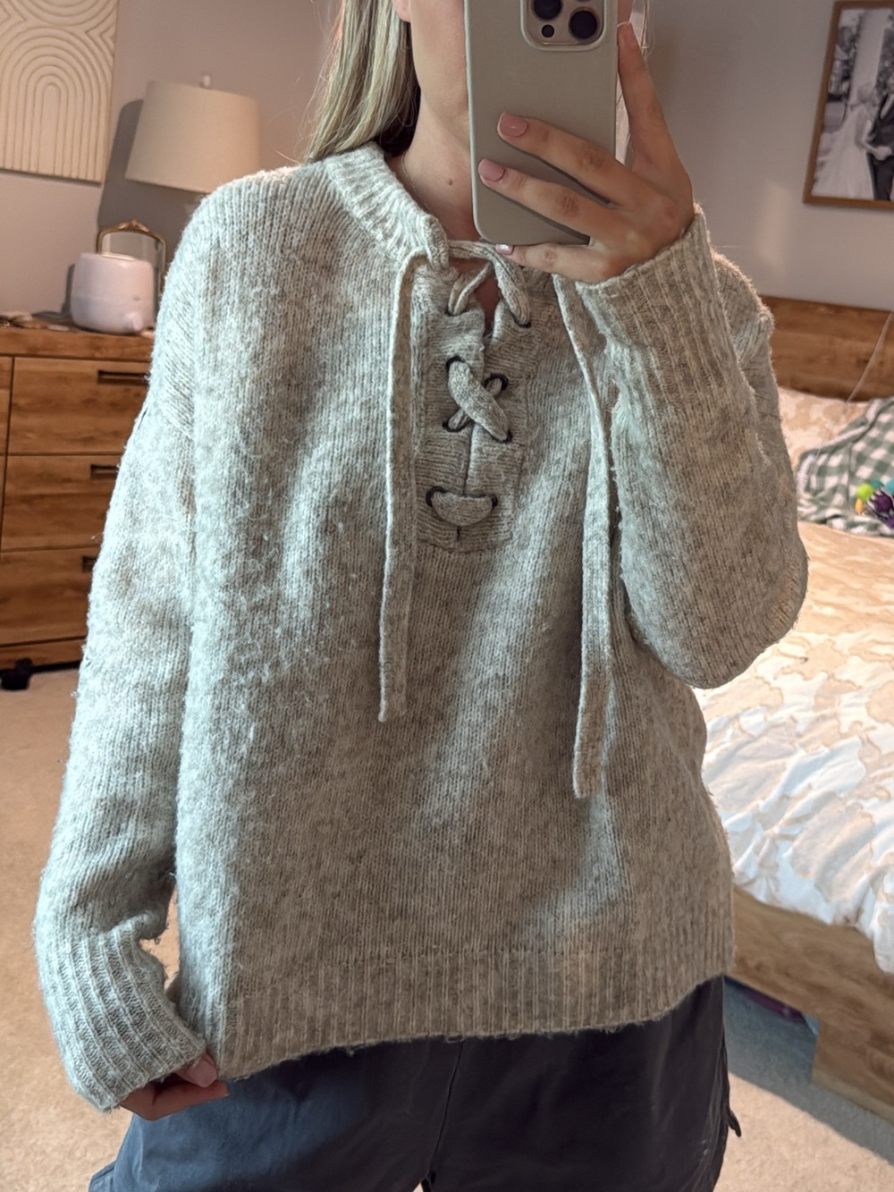 Cozy Lace-Up Knit Sweater - Cream